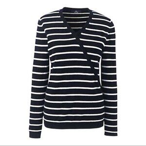 LAND'S END Cashmere Black White Stripe V Neck Sweater Womens Large